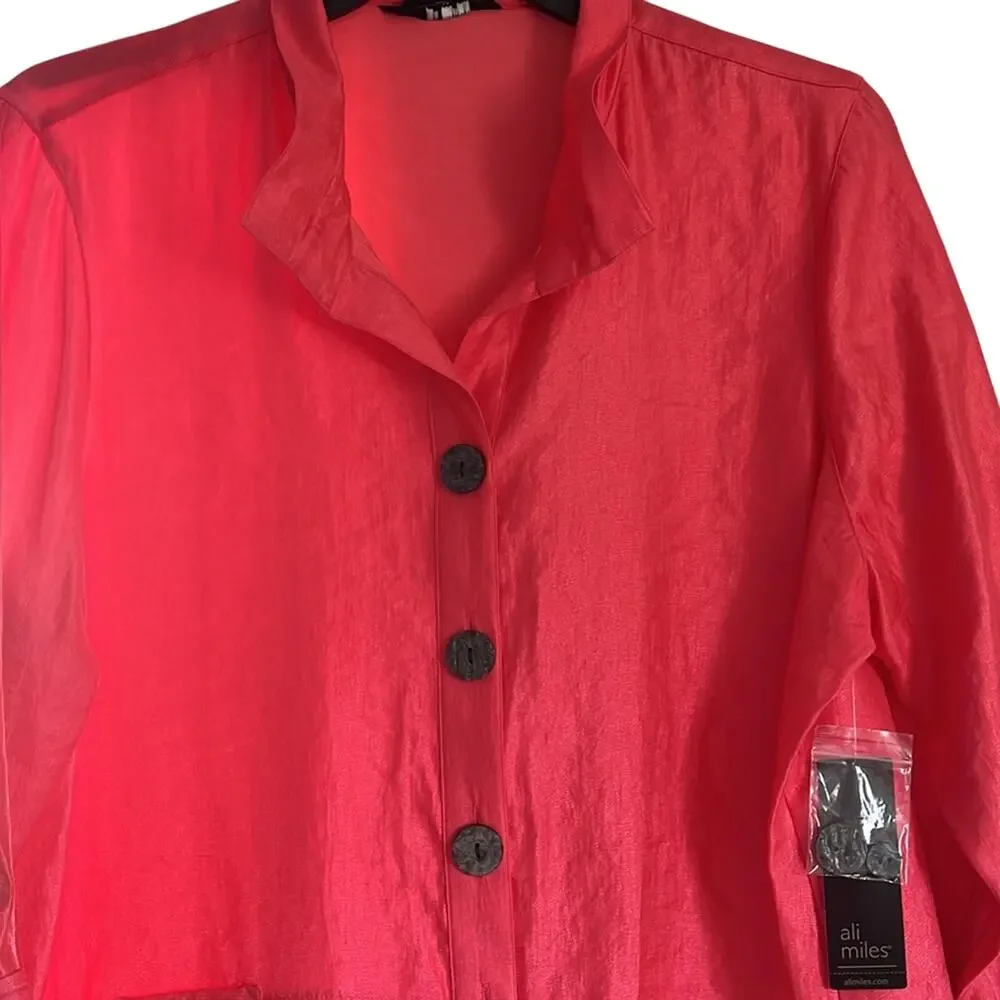 Ali Miles Woven Shimmer Stand Ruffle Collar 3/4 Sleeves Button-Front Tunic Sz 2X